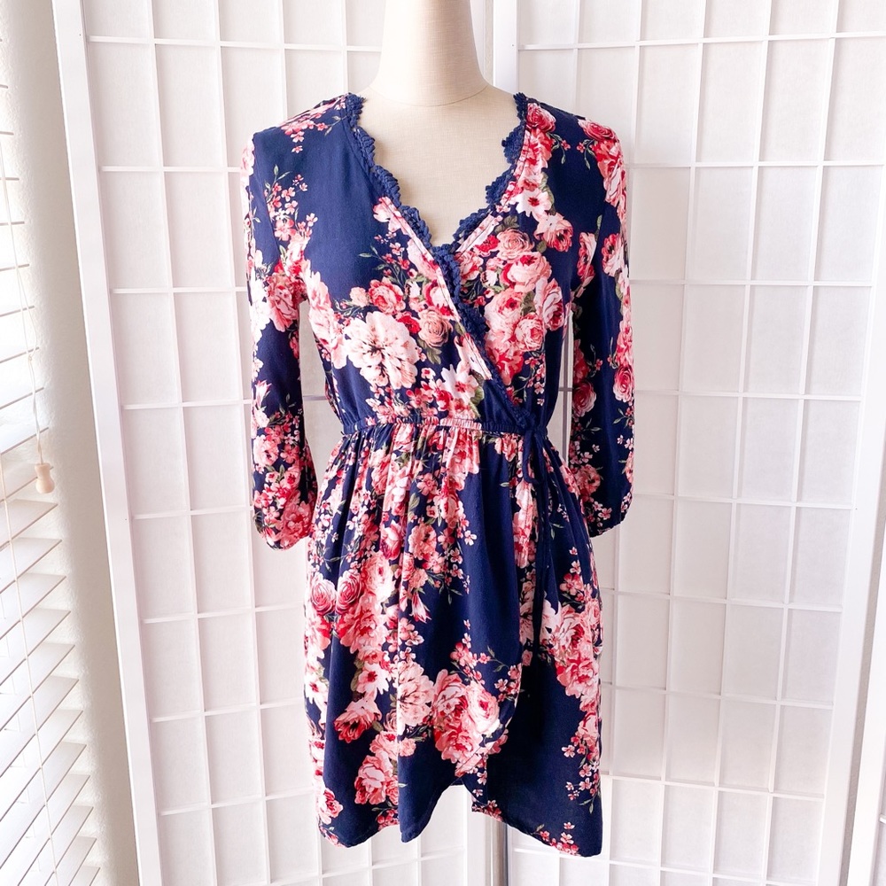 Band of Gypsies Floral Mini Dress - Navy and Pink